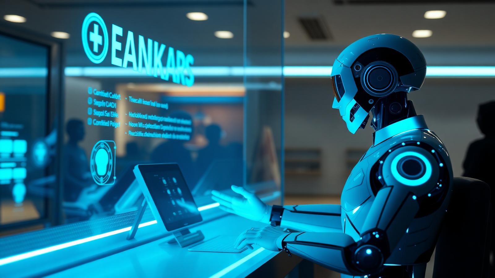 Futuristic AI agent humanoid silhouette helping customer at modern bank teller window with holographic interface representing agentic AI in banking 2026