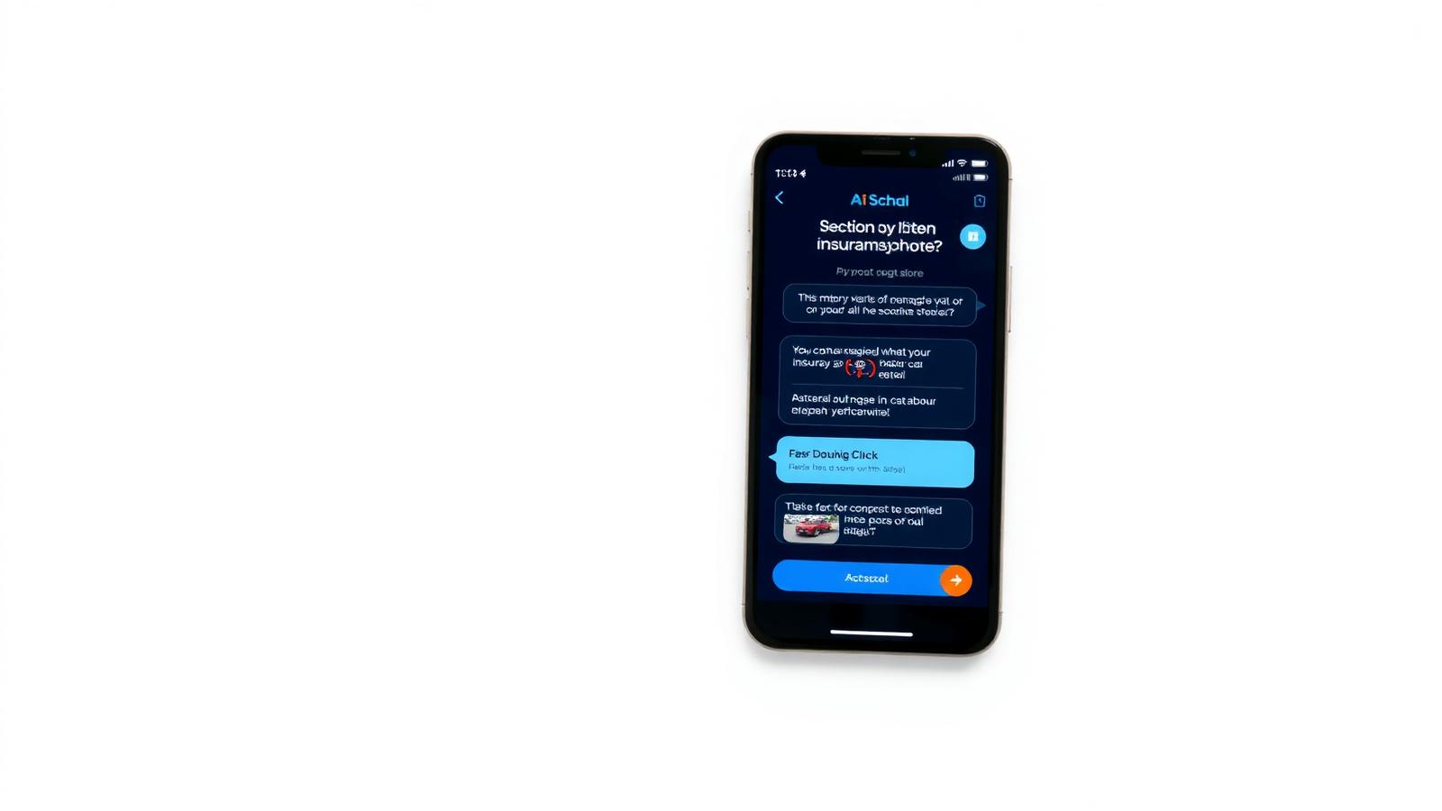 Smartphone showing an AI insurance claims chatbot processing car damage photos with instant approval