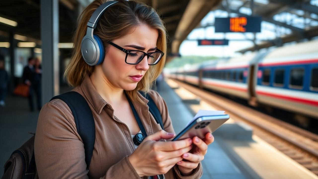 American Amtrak passenger checking exposed personal data and credit report on smartphone after 2026 Amtrak data breach at US train station platform