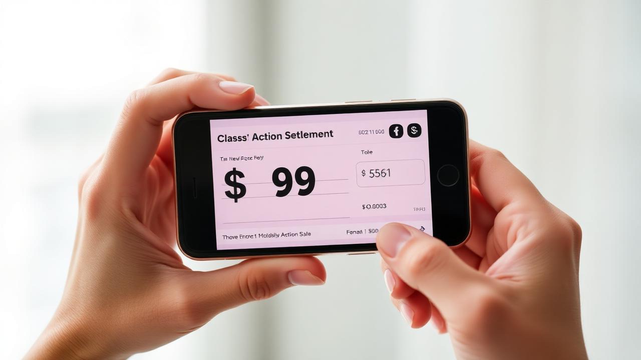 Person holding iPhone showing class action settlement claim for 95 dollars