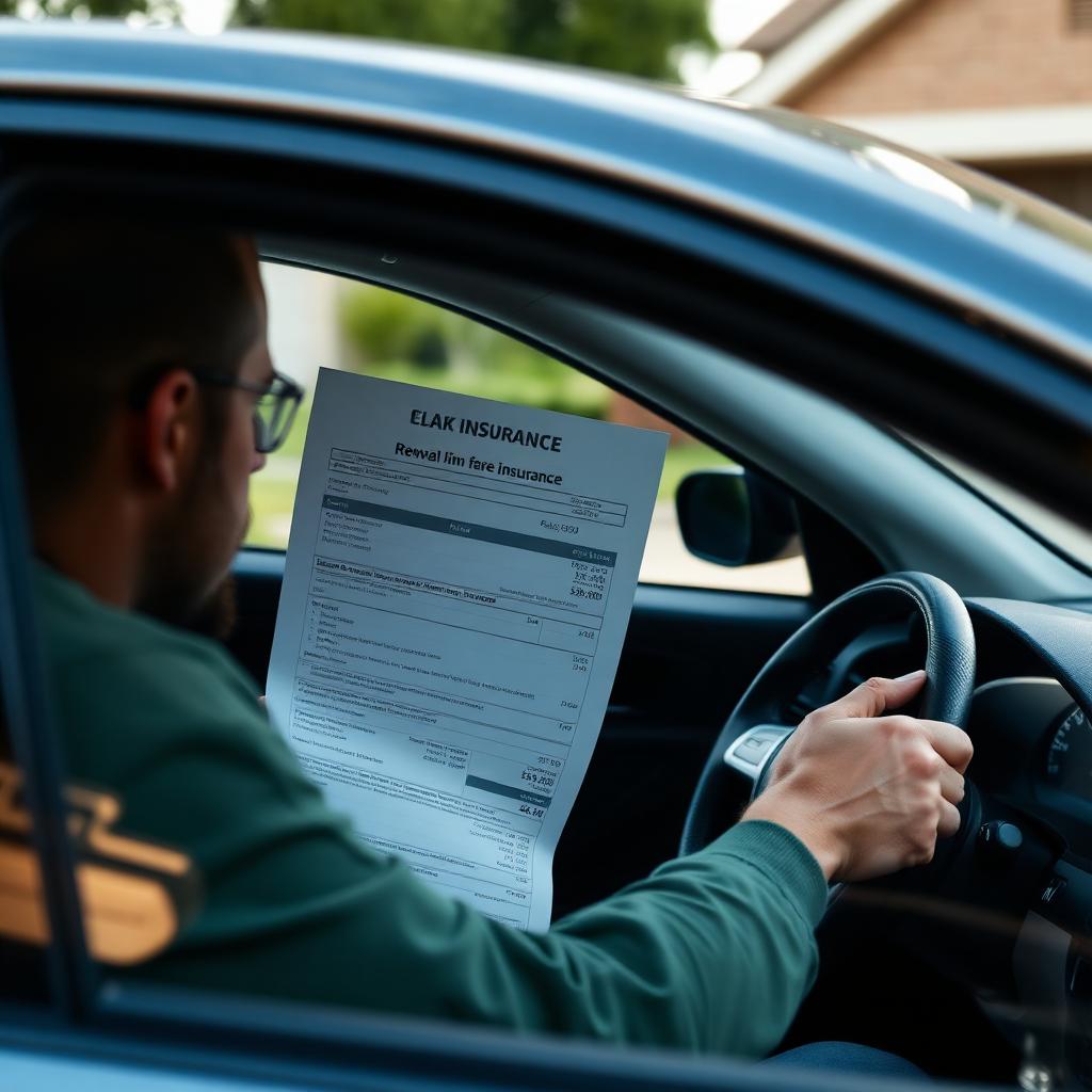 American driver in a suburban driveway reading a shocking car insurance renewal bill showing a large premium increase while sitting in a blue sedan