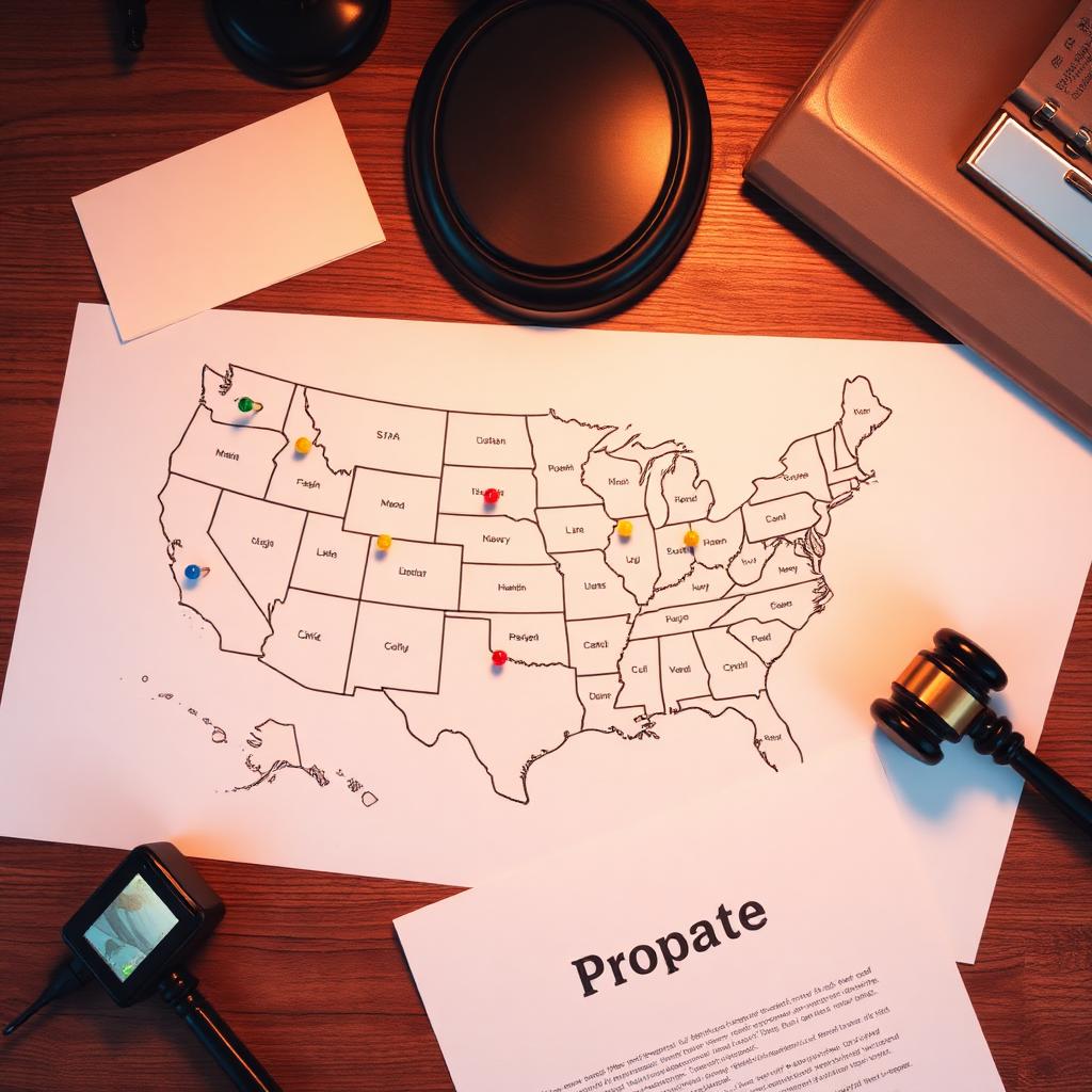 Overhead photograph of a stylized United States map on a wooden desk with small colored pins marking different states alongside a judge gavel and Probate folder representing the state-by-state landscape of probate court in America