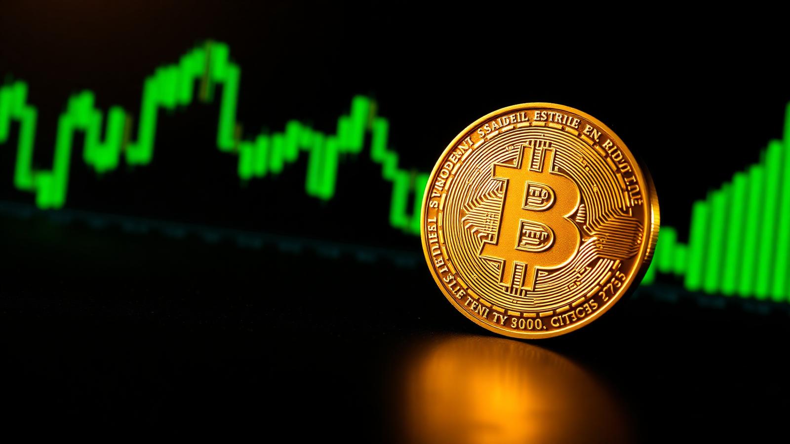 Physical golden Bitcoin coin on dark surface with green candlestick chart in background showing Bitcoin price rally above $80,000 in May 2026