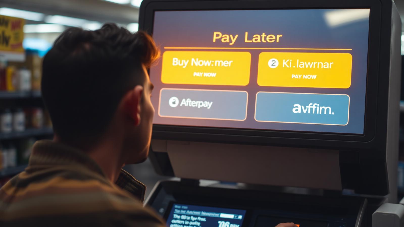 Person at checkout overwhelmed by Klarna, Afterpay, and Affirm Buy Now Pay Later options on a screen