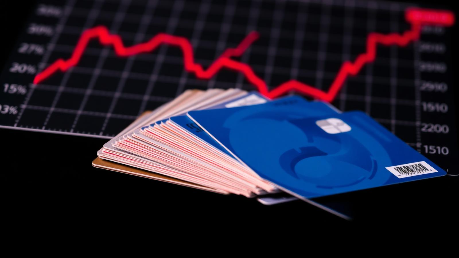 Multiple credit cards fanned out with rising red debt chart in background showing record $1.28 trillion US credit card debt in 2026