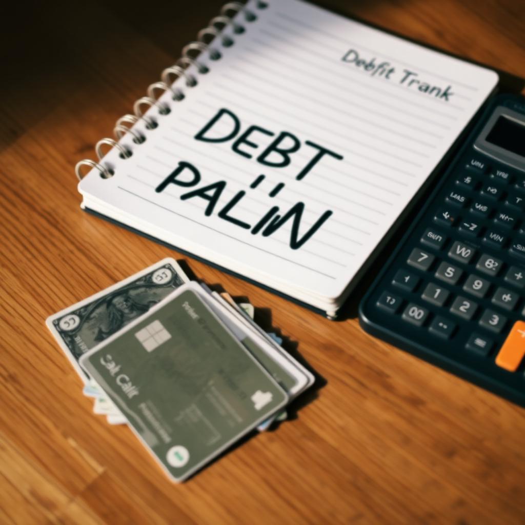 Cut credit cards on a wooden table beside a debt payoff plan notebook and calculator representing an American household starting an aggressive credit card debt elimination plan