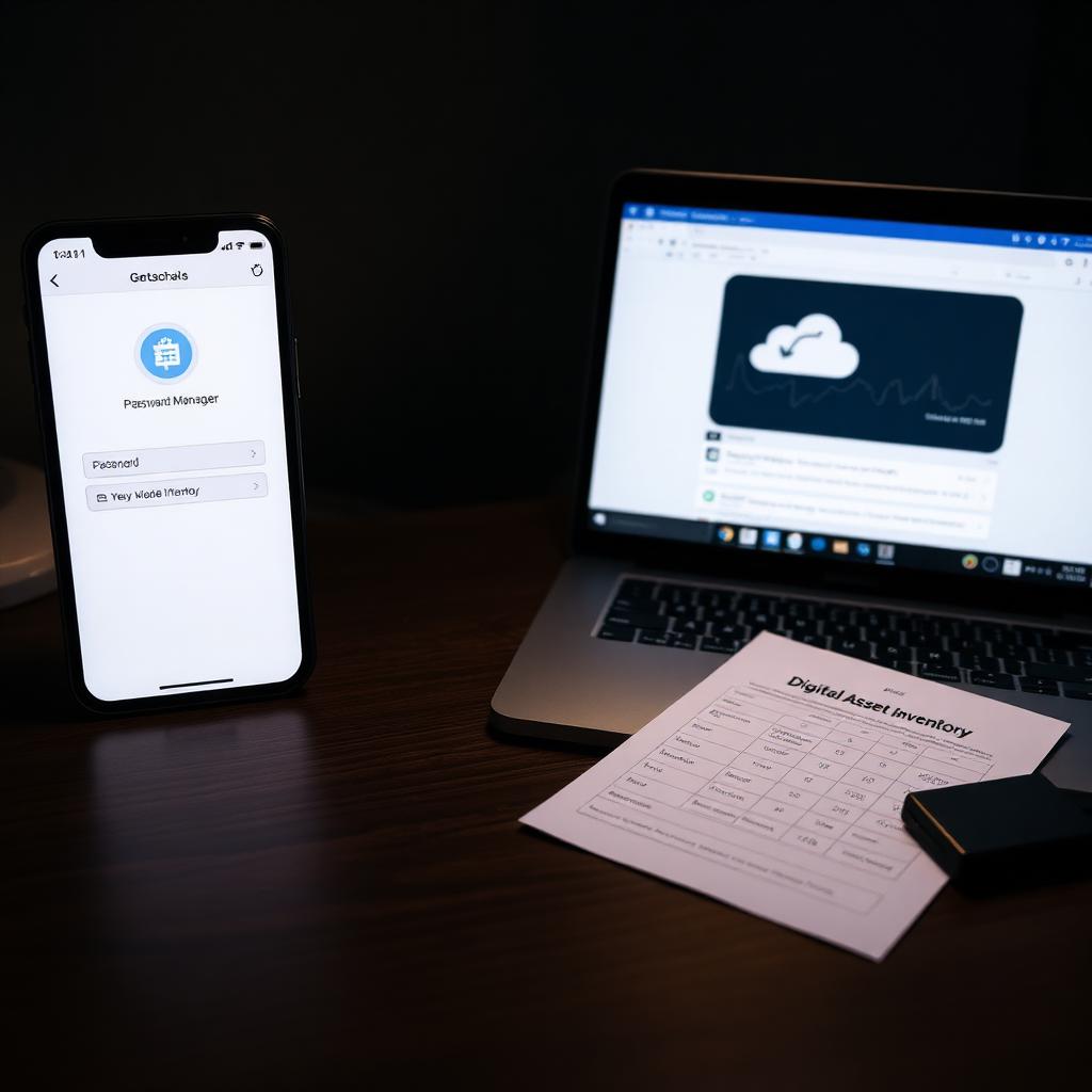 Modern editorial photograph of a smartphone showing a password manager app and a laptop showing cloud storage icons next to a hardware wallet and a printed digital asset inventory representing the growing importance of digital estate planning for American households in 2026