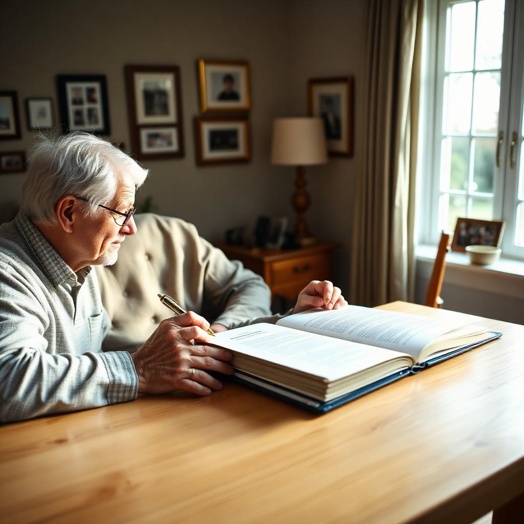 Mature American man reviewing an estate planning binder and last will and testament at a dining table with family photographs on the wall behind him representing the practical process every US household should complete in 2026