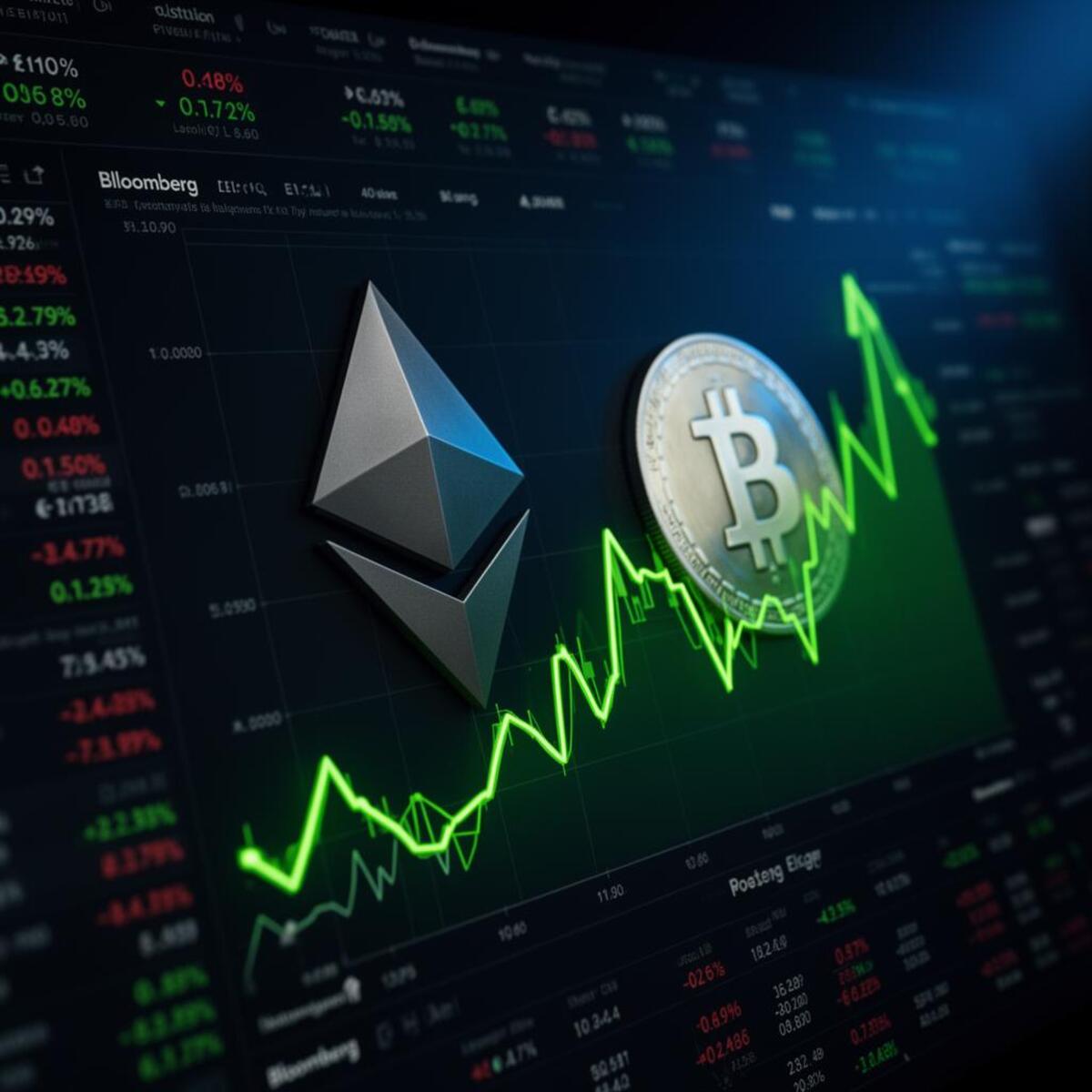Ethereum and Bitcoin symbols on a trading dashboard with green uptrend chart showing ETH outperformance