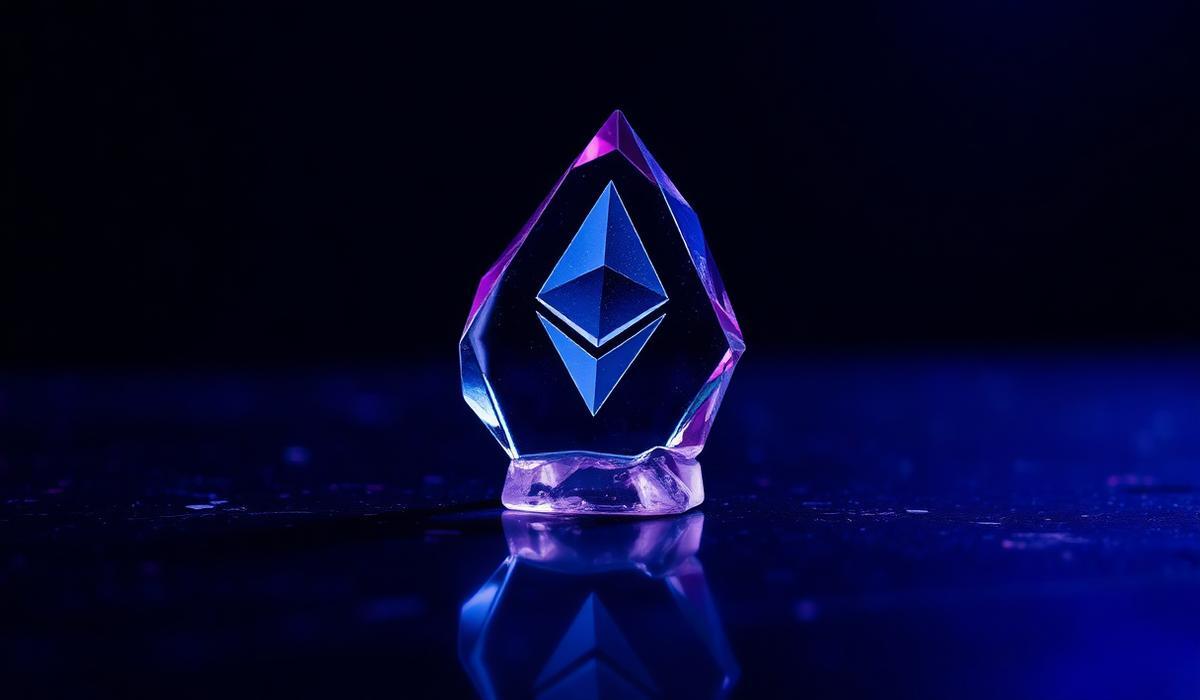 Ethereum logo crystal glowing on a dark reflective surface