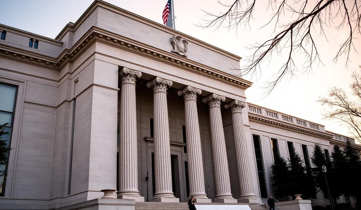 Federal Reserve building exterior with classical columns at dusk