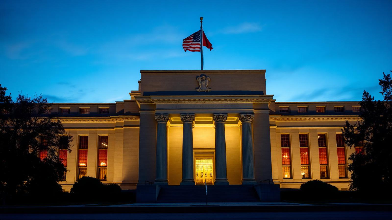 US Federal Reserve Eccles building in Washington DC at dusk after the April 29 2026 FOMC decision to hold interest rates steady