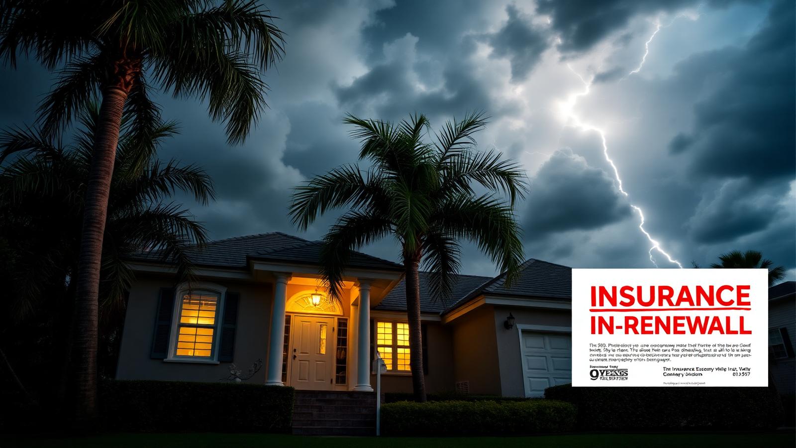 Florida coastal home with palm trees and dramatic storm clouds with insurance non renewal notice on doorstep representing 2026 Florida homeowners insurance crisis