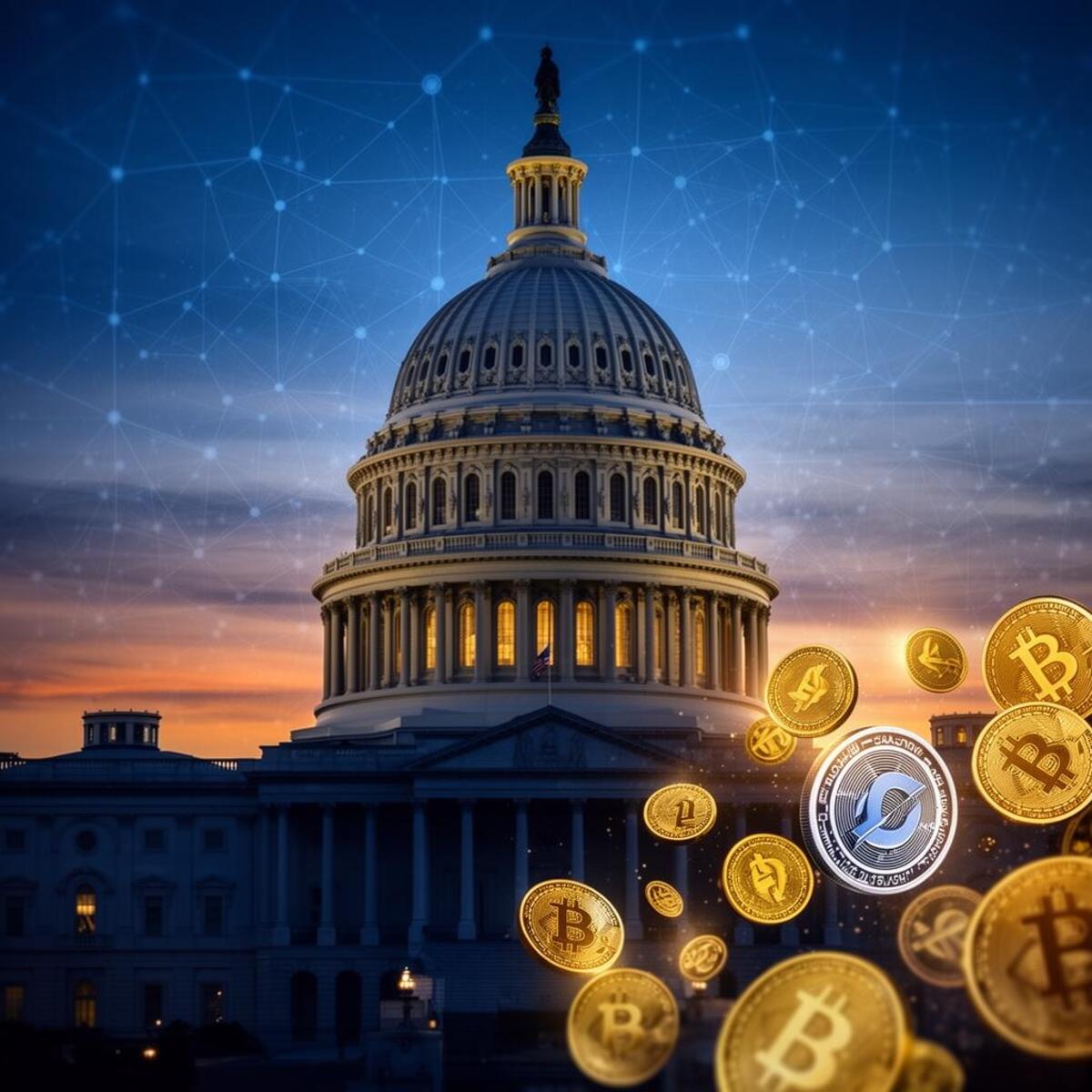 US Capitol building at twilight with cryptocurrency coins and blockchain network overlay representing the GENIUS Act stablecoin legislation