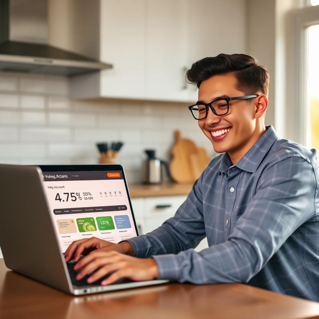 Young American professional smiling while reviewing a high-yield savings account dashboard showing 4.75% APY on a laptop in a modern kitchen at sunrise