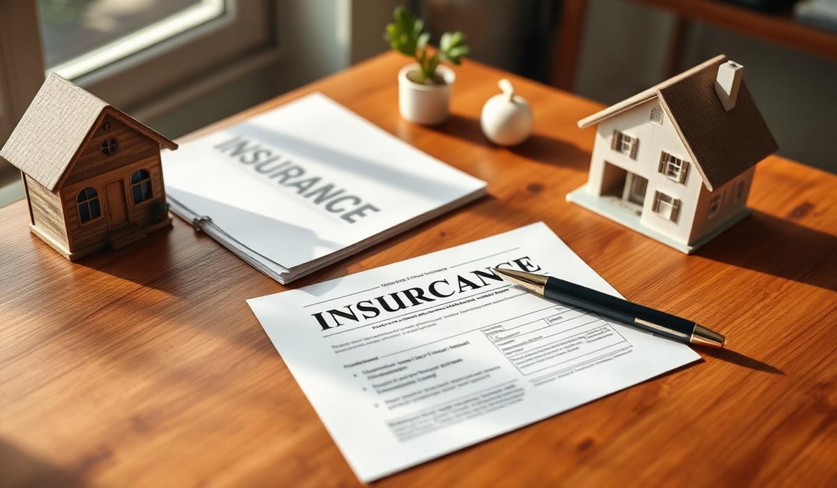 Insurance documents and a model home on a wooden desk