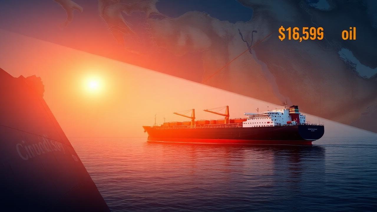 Oil tanker in Strait of Hormuz with falling crude oil price chart Iran ceasefire impact