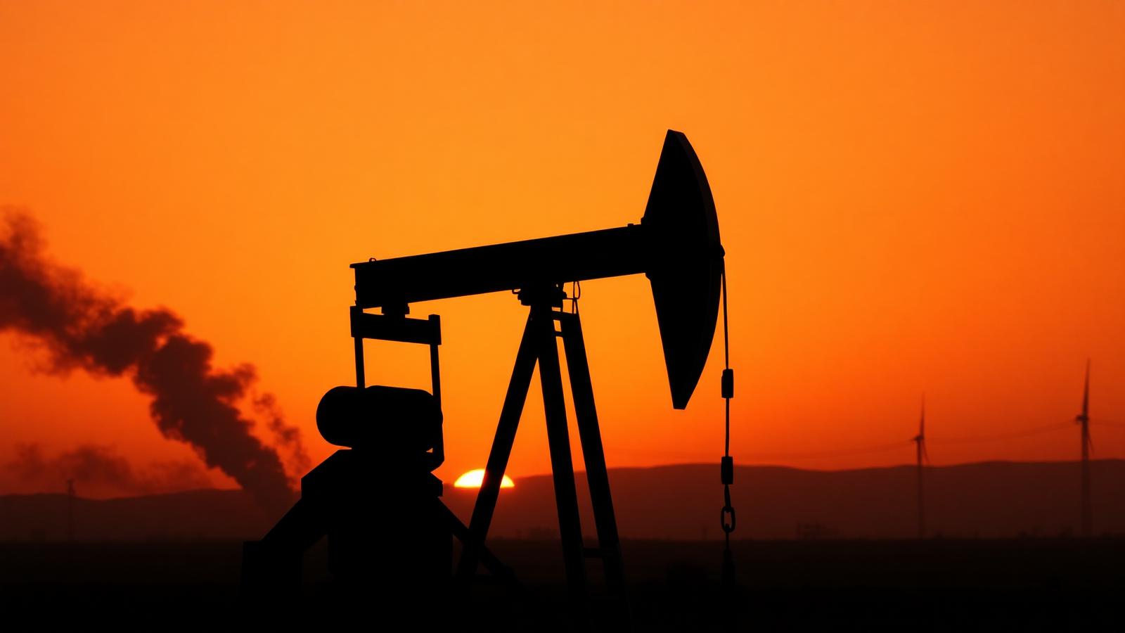 Crude oil pumpjack silhouette against dramatic orange sunset sky representing US-Iran tensions impact on oil prices and global markets in May 2026