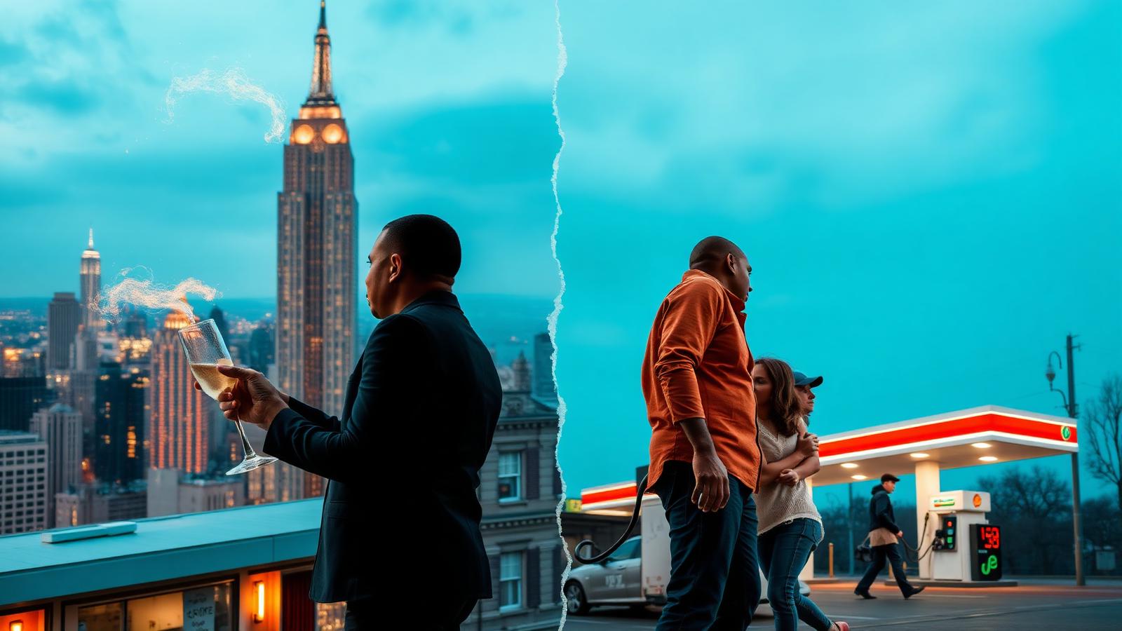 Conceptual split image showing the K-shaped US economy in 2026 with luxury Manhattan penthouse champagne celebration on one side and struggling working class family at gas station with rising prices on the other