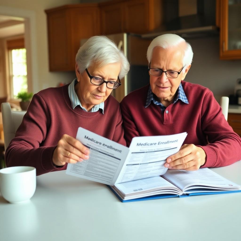 Senior American couple in maroon sweaters carefully reviewing Medicare enrollment brochures at their kitchen table in warm morning light preparing to choose between Medicare Advantage and Original Medicare