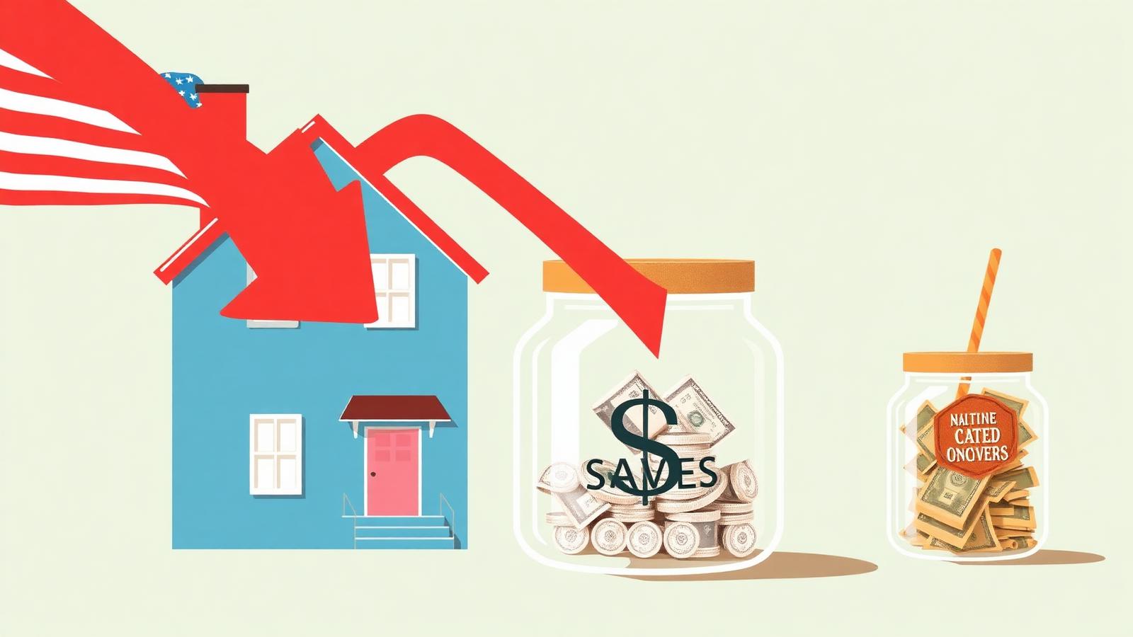 Editorial illustration of red downward arrow over US house and savings jar symbolizing no Fed rate cuts in 2026 hurting borrowers helping savers