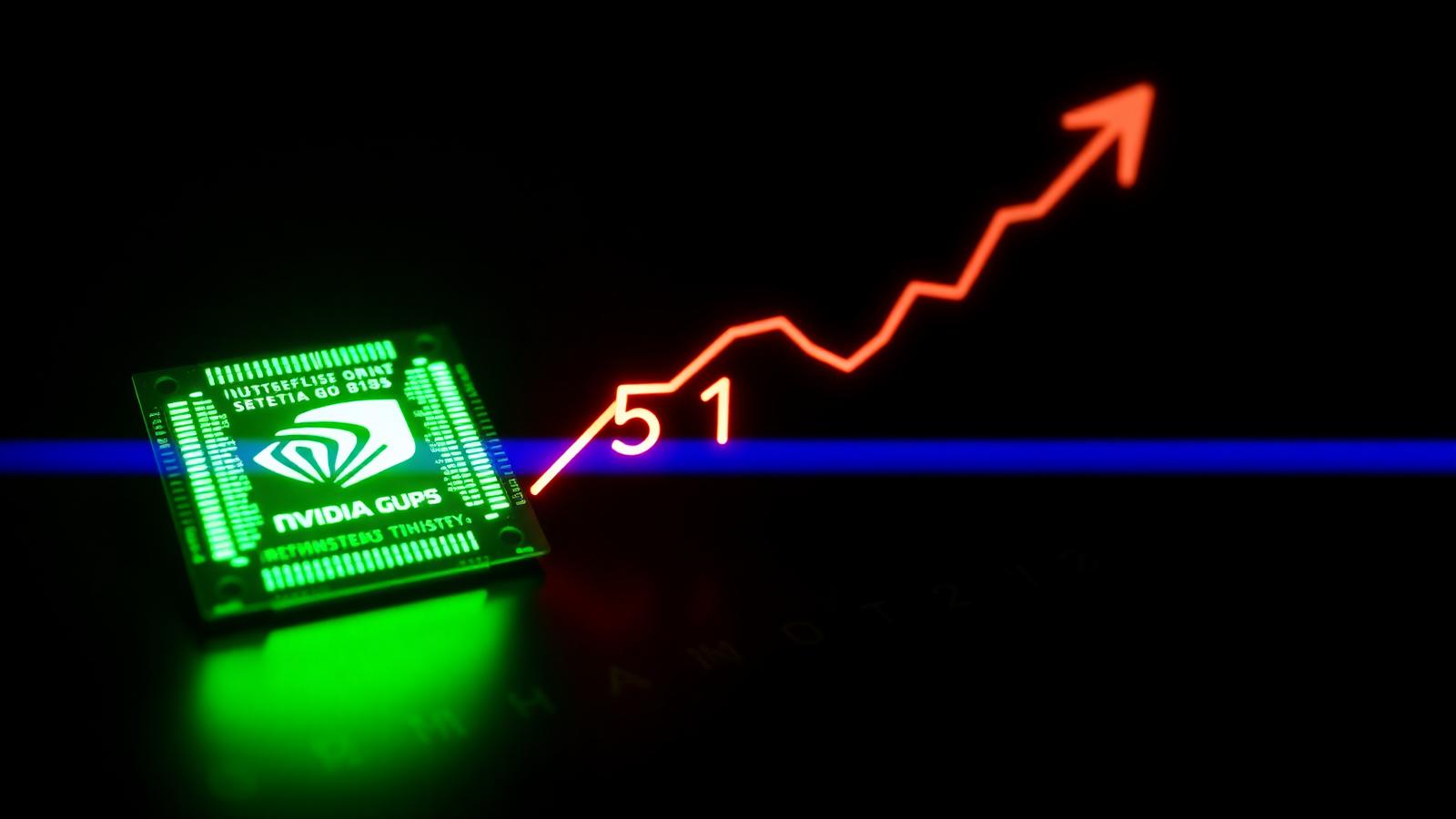 Nvidia GPU semiconductor chip glowing green with rising red stock chart arrow representing 5 trillion dollar market cap milestone in April 2026