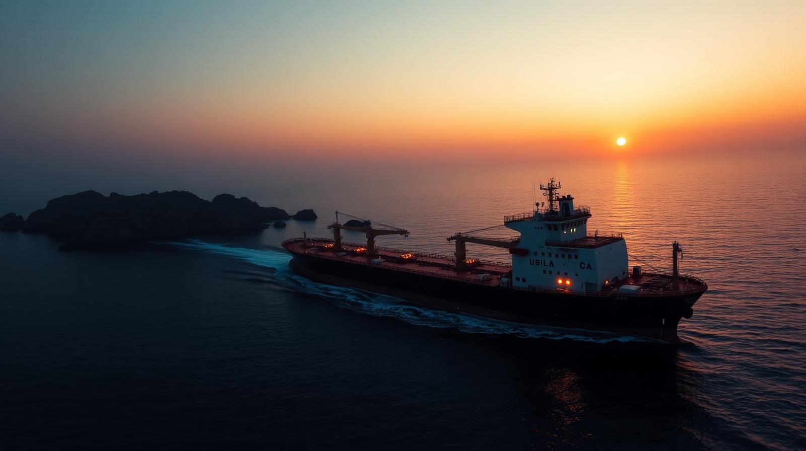 Crude oil tanker ship navigating the Strait of Hormuz at sunset representing the 2026 oil price shock and global energy supply risk