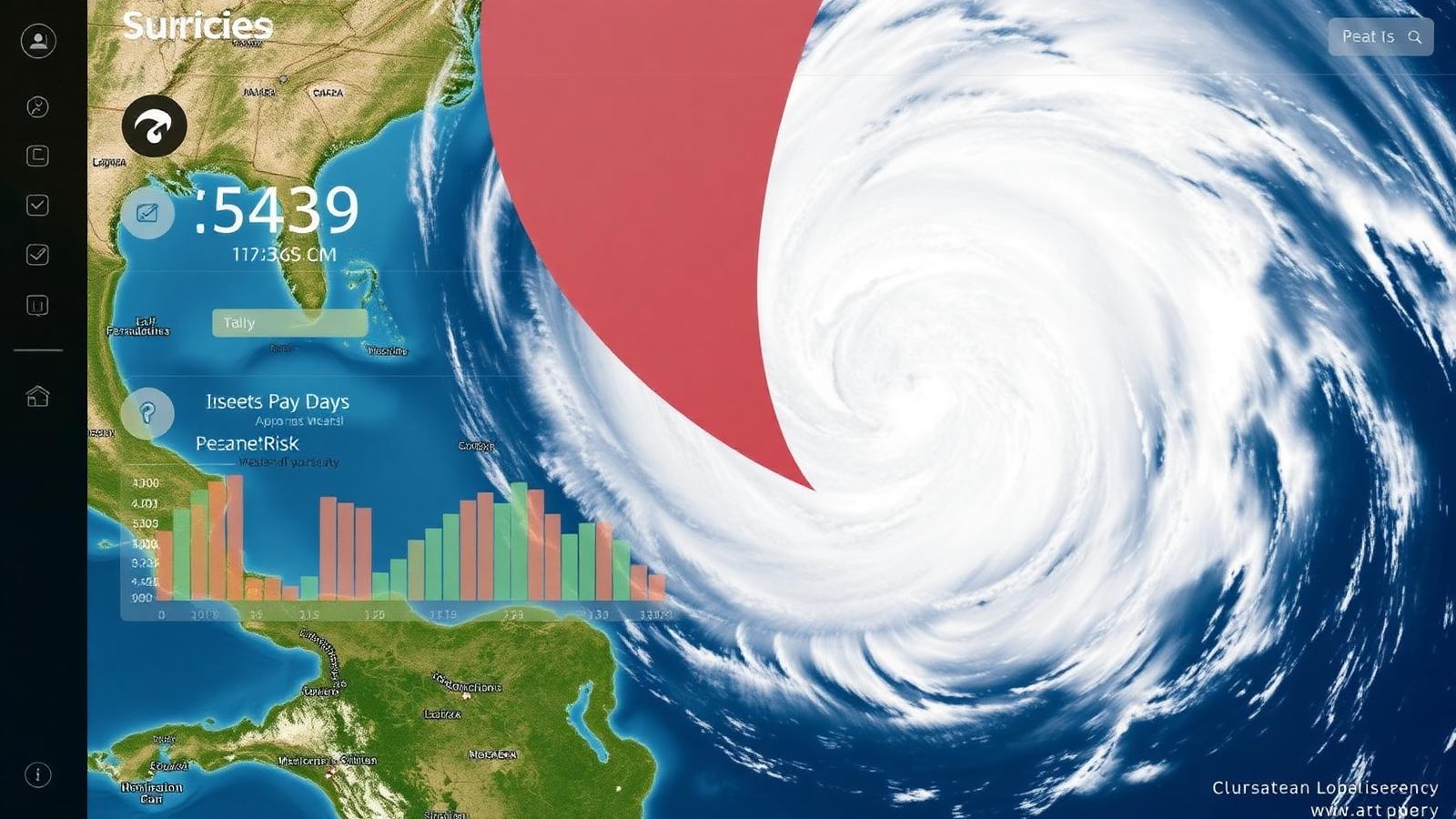 Hurricane satellite image overlaid on parametric insurance dashboard with instant smartphone payout notification representing climate risk insurance technology in 2026