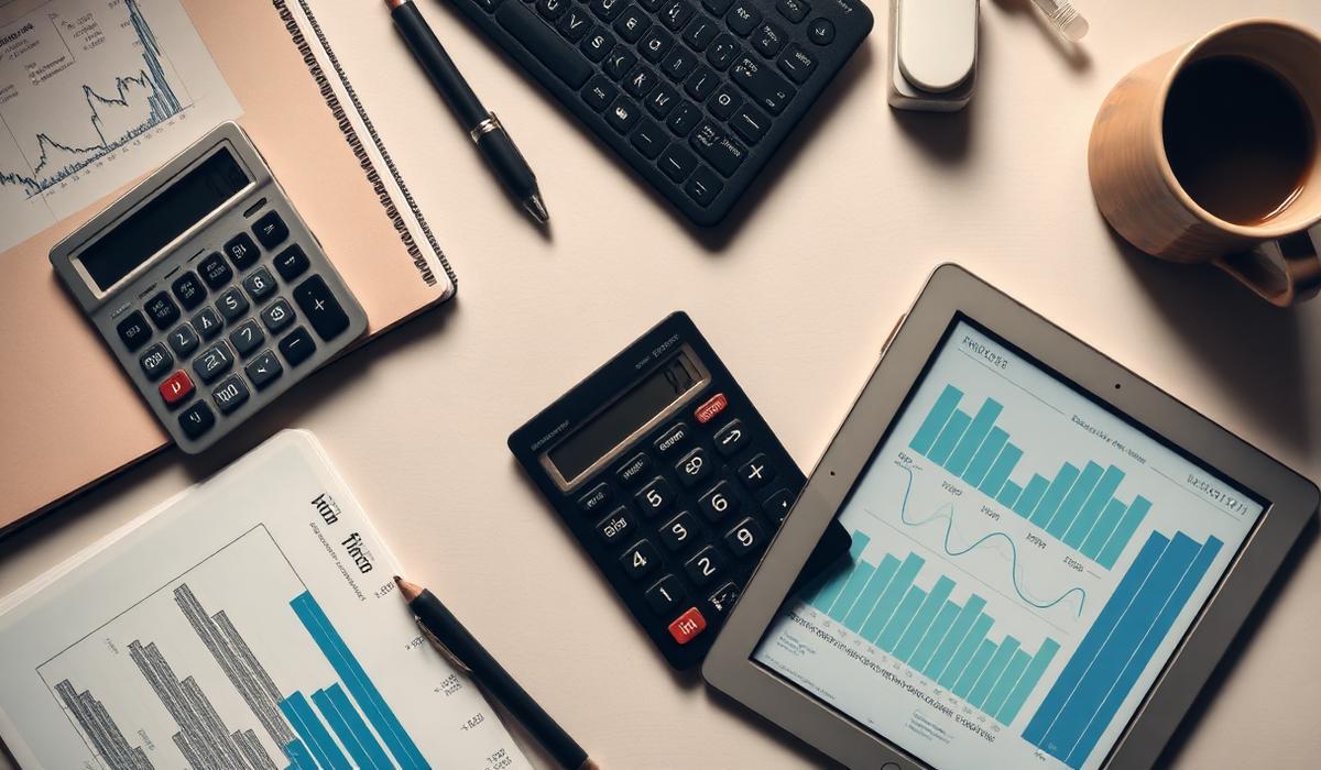 Personal finance desk flat lay with calculator, notebook and tablet showing charts