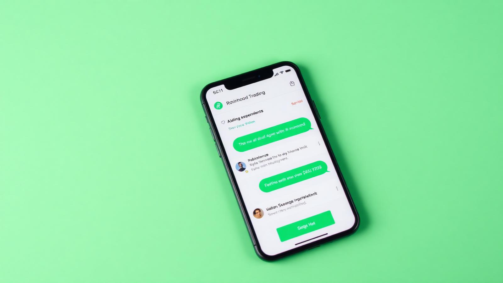 Smartphone displaying Robinhood trading app with embedded OpenAI ChatGPT-style AI assistant providing real-time stock recommendations and portfolio analysis in 2026