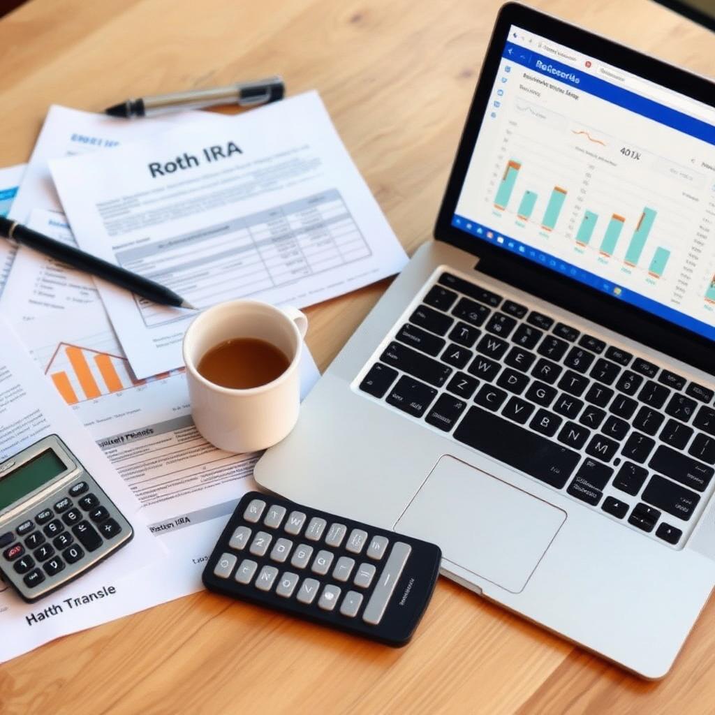Retirement planning workspace with Roth IRA paperwork calculator coffee cup and open laptop displaying a brokerage account dashboard showing retirement projections