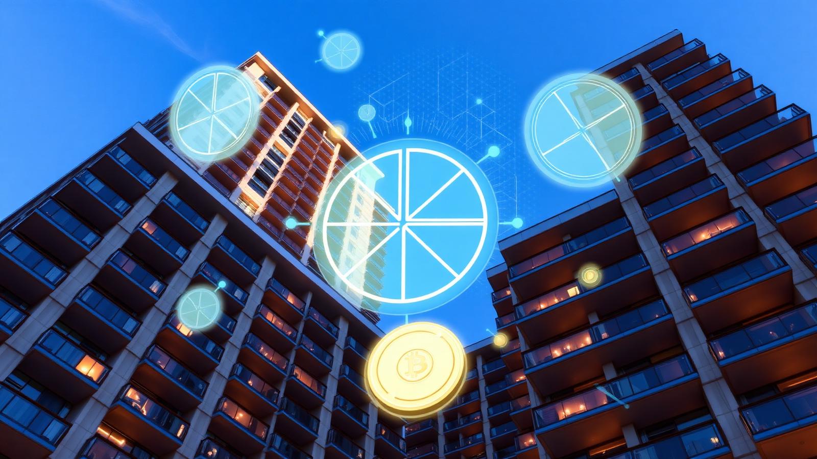 A modern apartment building with a digital tokenization overlay showing fractional ownership tokens