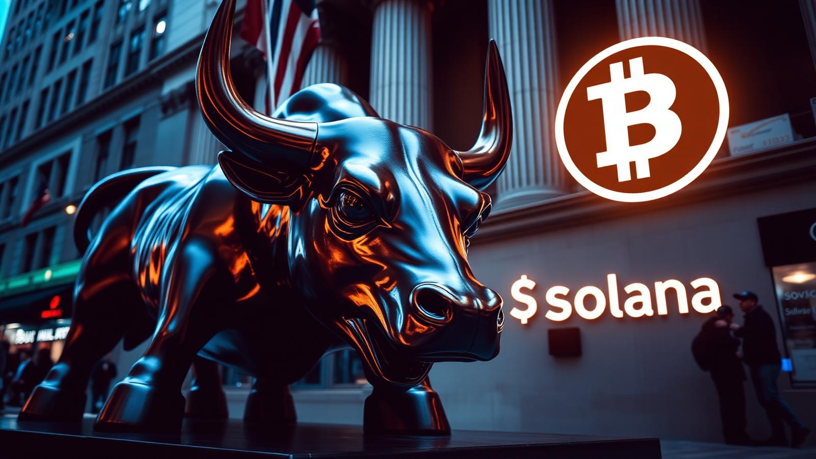 Wall Street bull statue with Bitcoin and Solana ETF logos representing the institutional crypto era