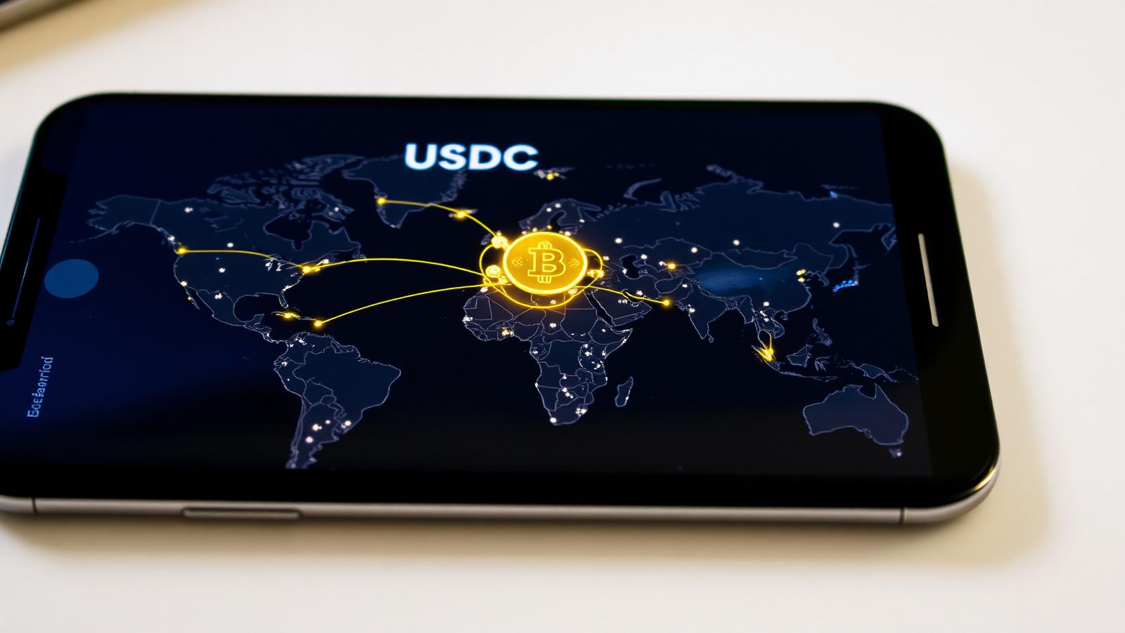 Smartphone showing a stablecoin USDC cross-border payment routed across a glowing world map of corridors