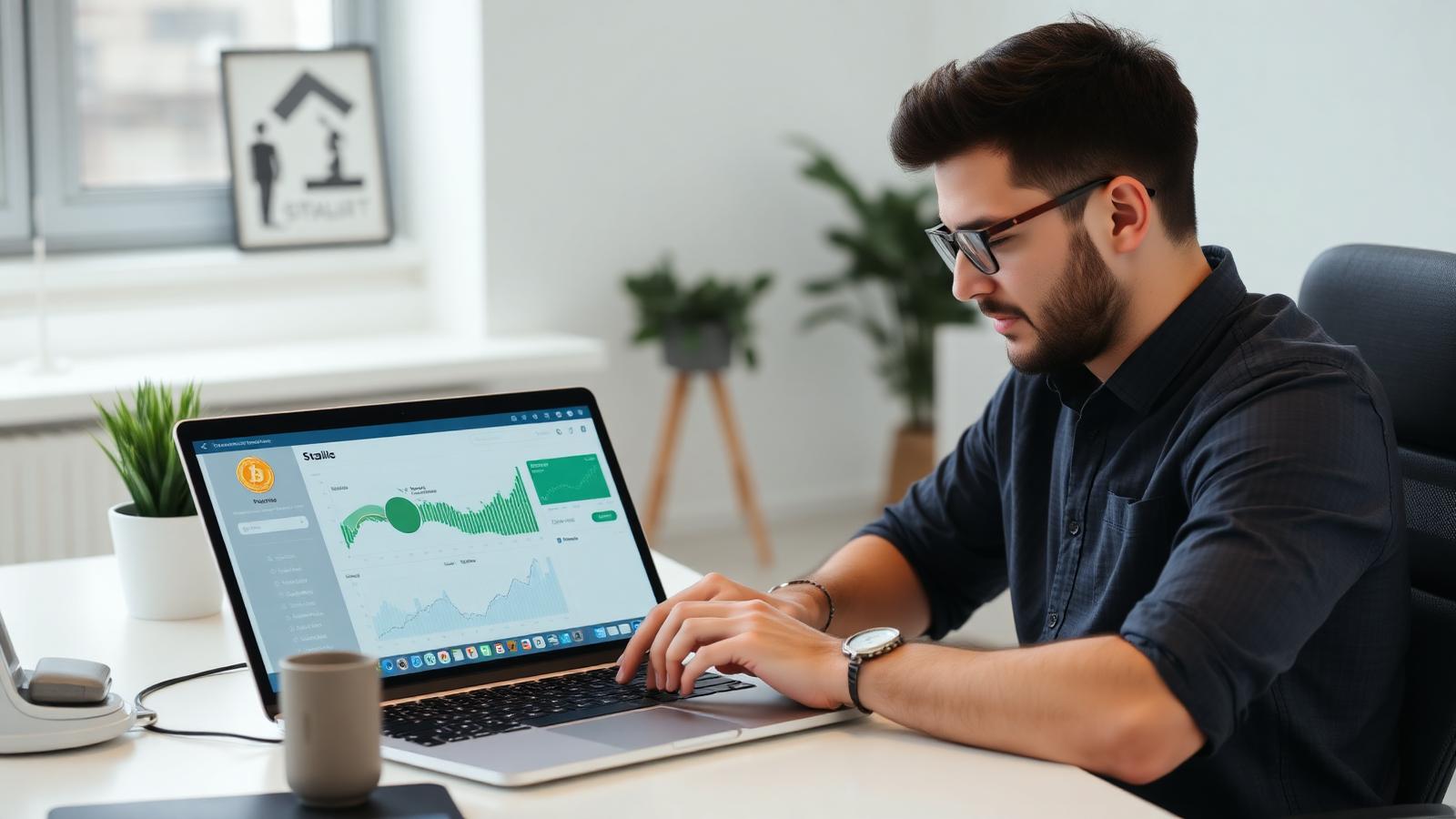 Small business owner sending stablecoin payroll to global remote employees from a laptop dashboard