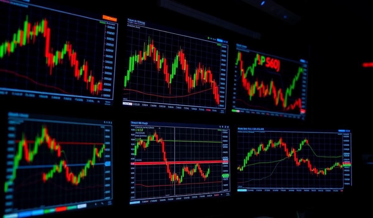 Multiple monitors displaying red and green stock market candlestick charts