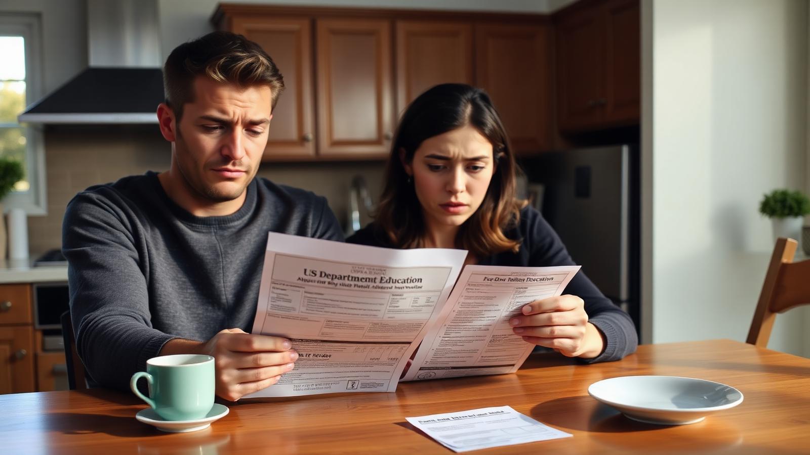 Worried American couple at kitchen table reading US Department of Education student loan default and wage garnishment notice in 2026