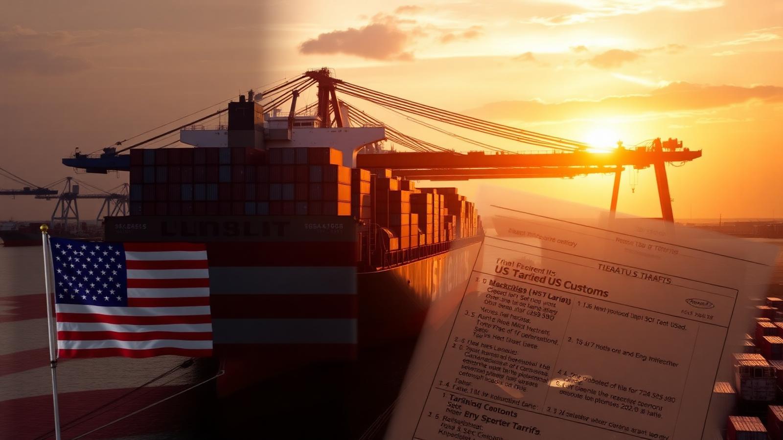 Container ship at US port unloading cargo with American flag and US Customs tariff documentation overlay representing one year impact of Liberation Day tariffs in 2026