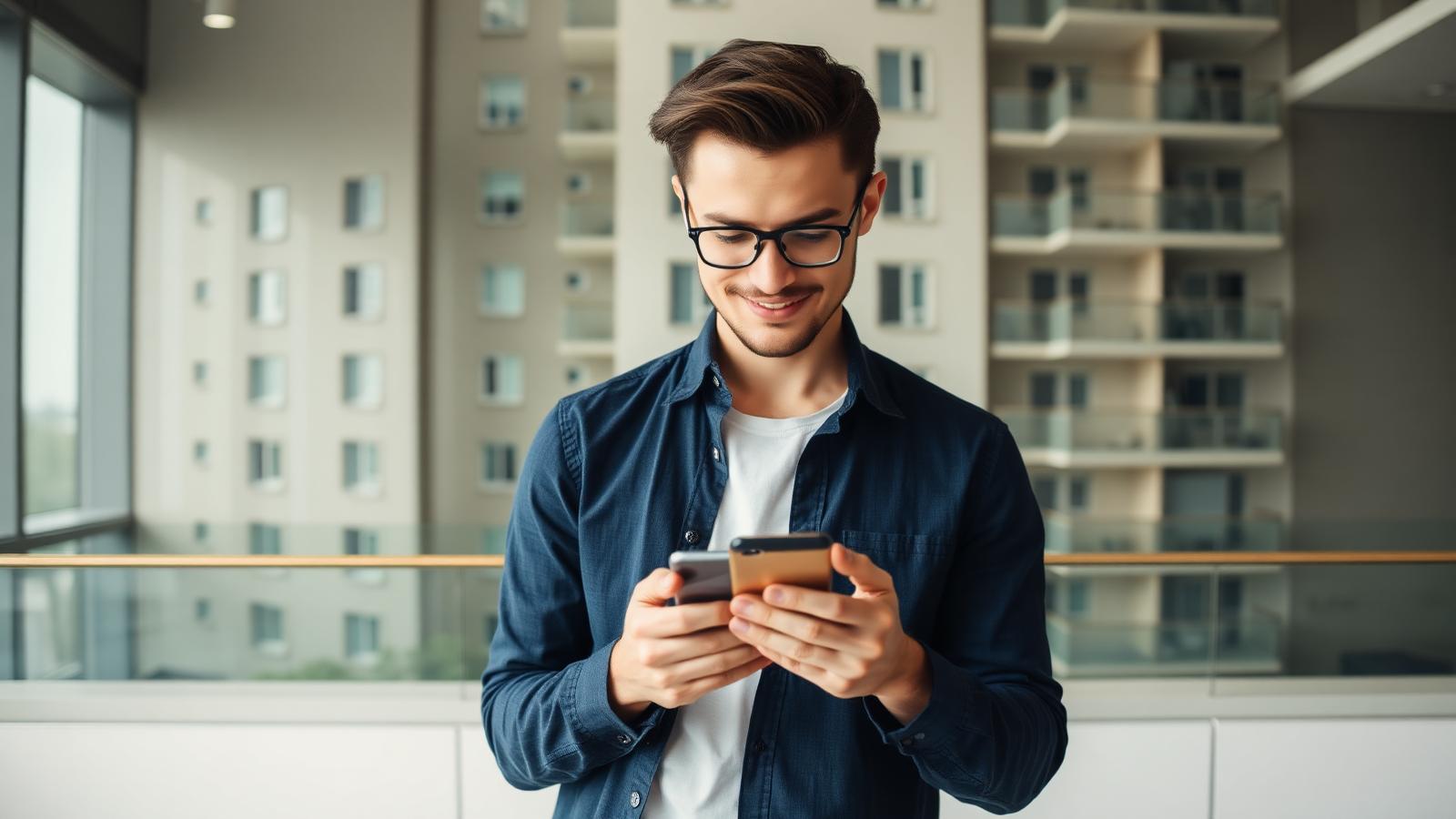 Young investor on phone investing 100 dollars in tokenized real estate property