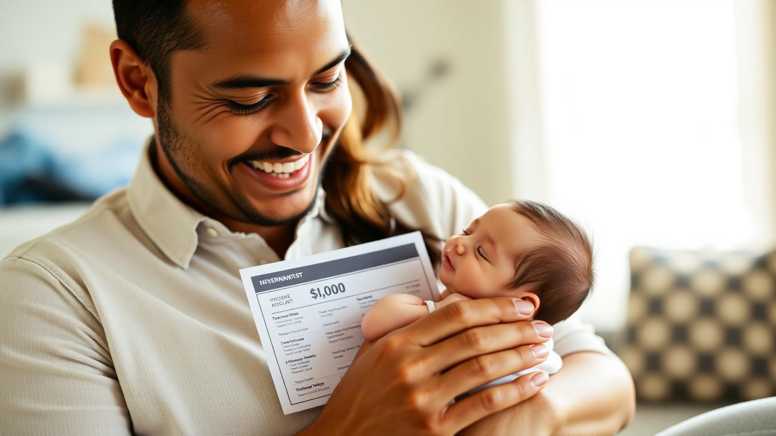 American parent smiling with newborn baby holding US Treasury document for new federal $1,000 Trump Account baby bonus investment account in 2026