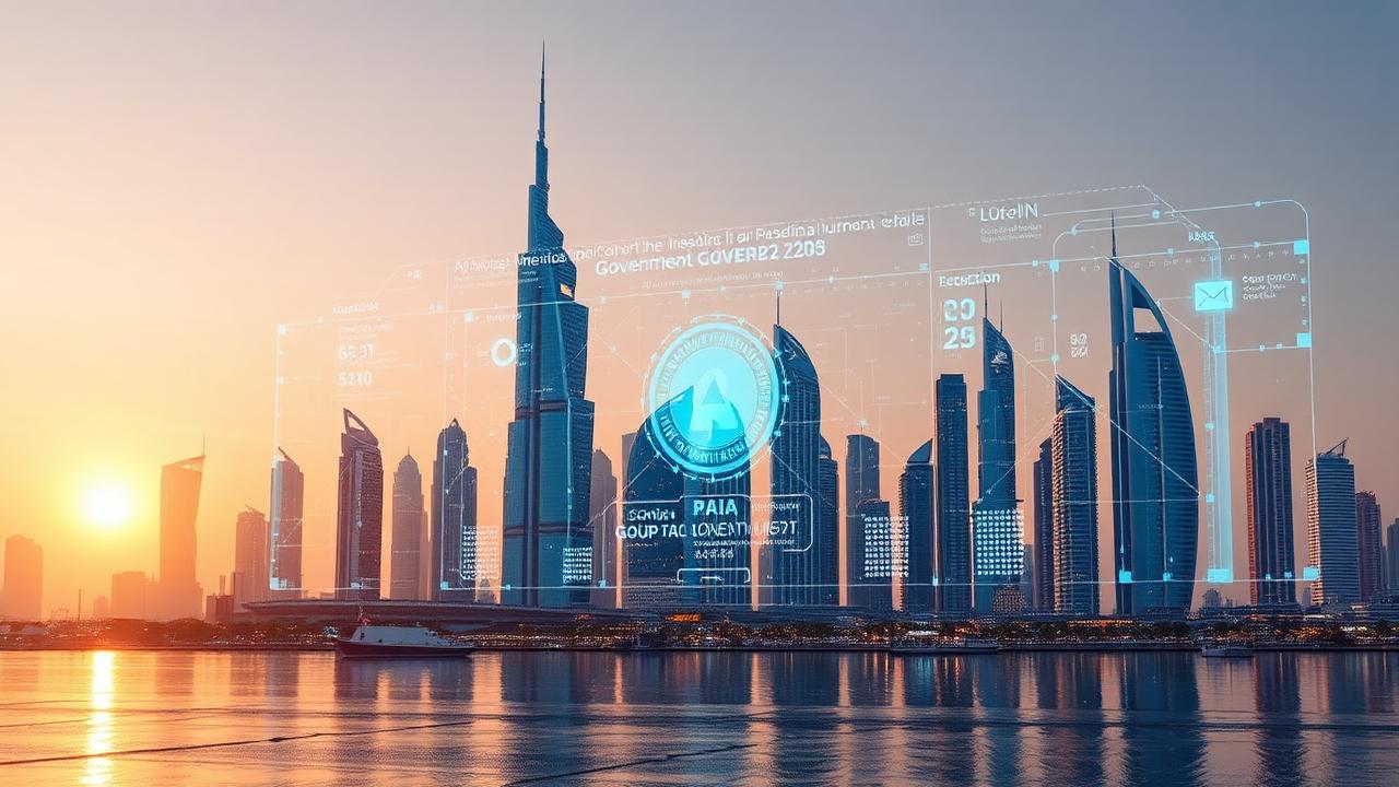 Futuristic Dubai skyline with holographic AI government interface overlay representing 2026 UAE plan to run government by AI within two years using NVIDIA Microsoft Palantir technology