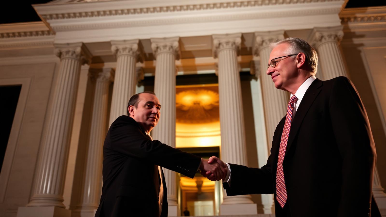Kevin Warsh and Jerome Powell shake hands in front of the Federal Reserve building marble columns marking the May 2026 transition of the Fed chairmanship