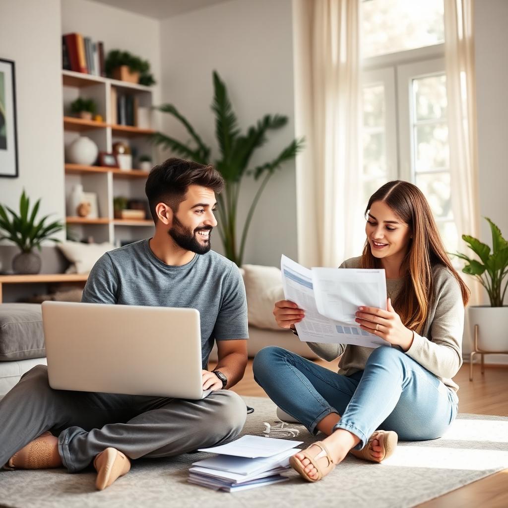 Young American couple in their late twenties reviewing financial and legal paperwork together on the floor of their apartment representing the growing demographic of millennials and Gen Z completing their first estate plans in 2026