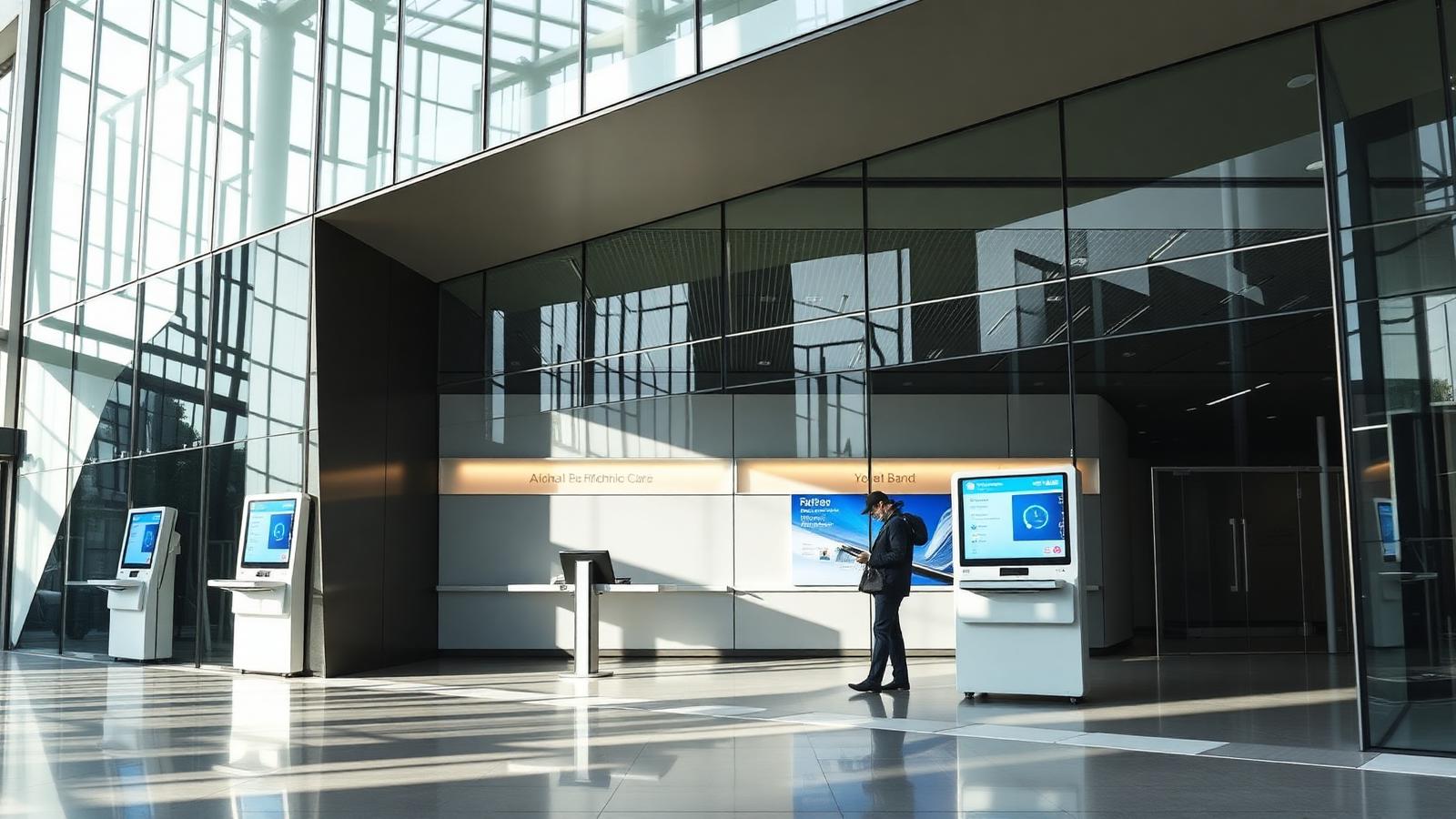 Modern empty bank branch with digital AI assistant kiosks replacing tellers showing banking automation transformation in 2026