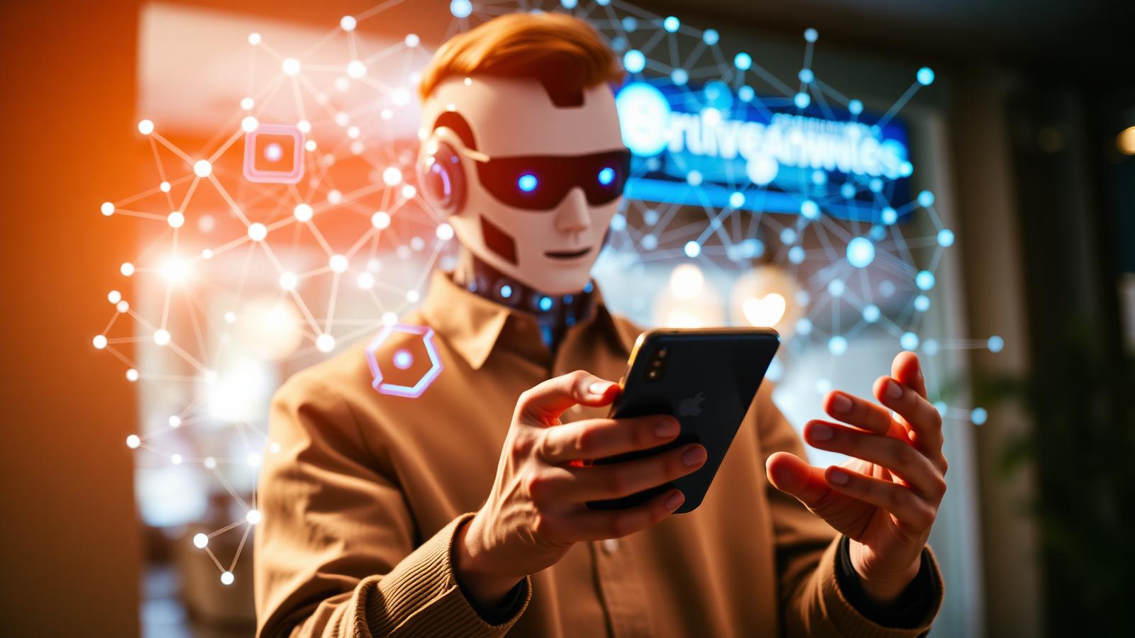 Customer using AI chatbot voice assistant on smartphone for personal banking with neural network overlay representing 2026 agentic AI customer experience transformation