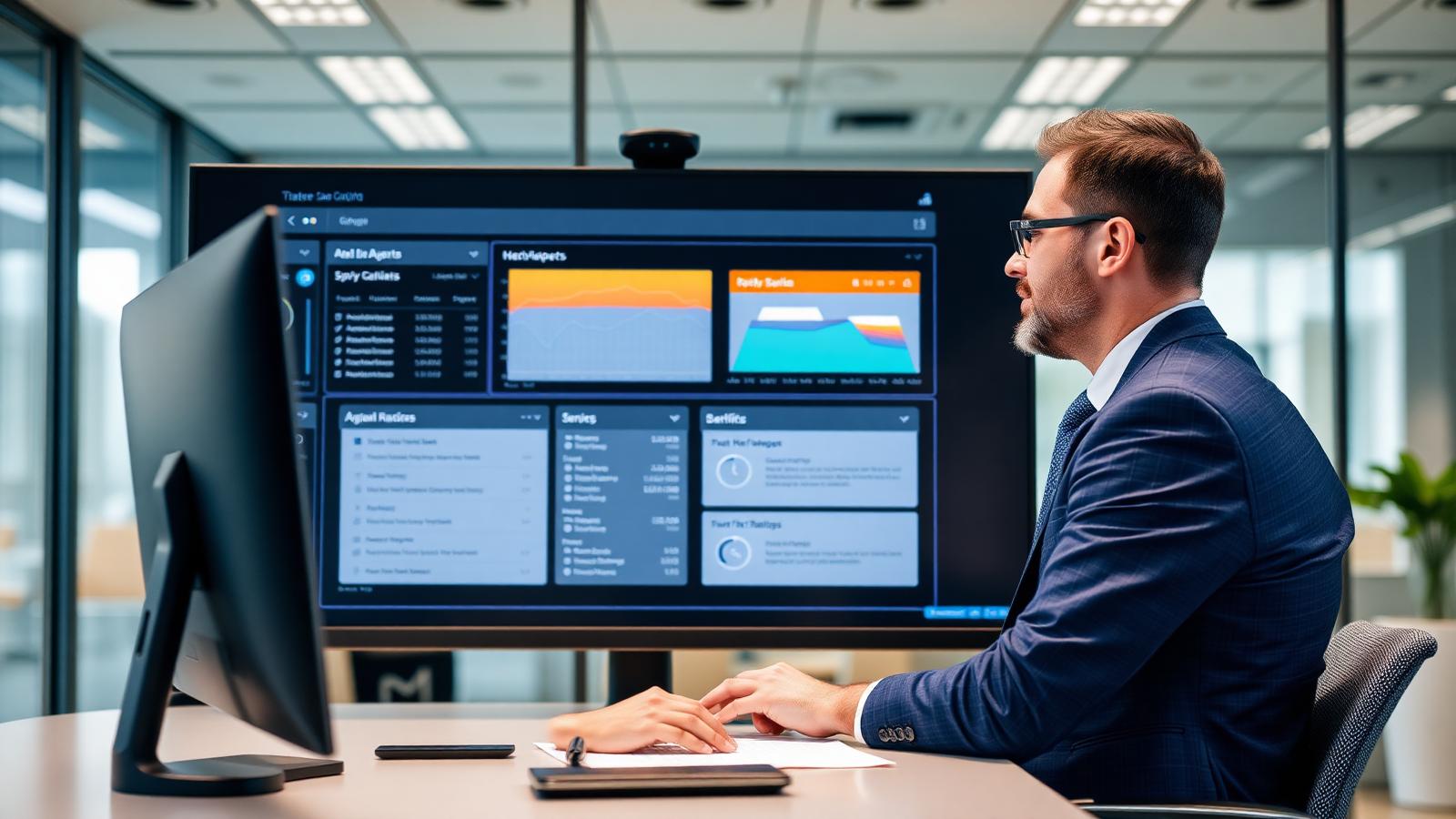 Banking executive viewing agentic AI agent dashboard with multiple workflow automation streams on large monitor in modern fintech office representing 2026 banking AI deployment