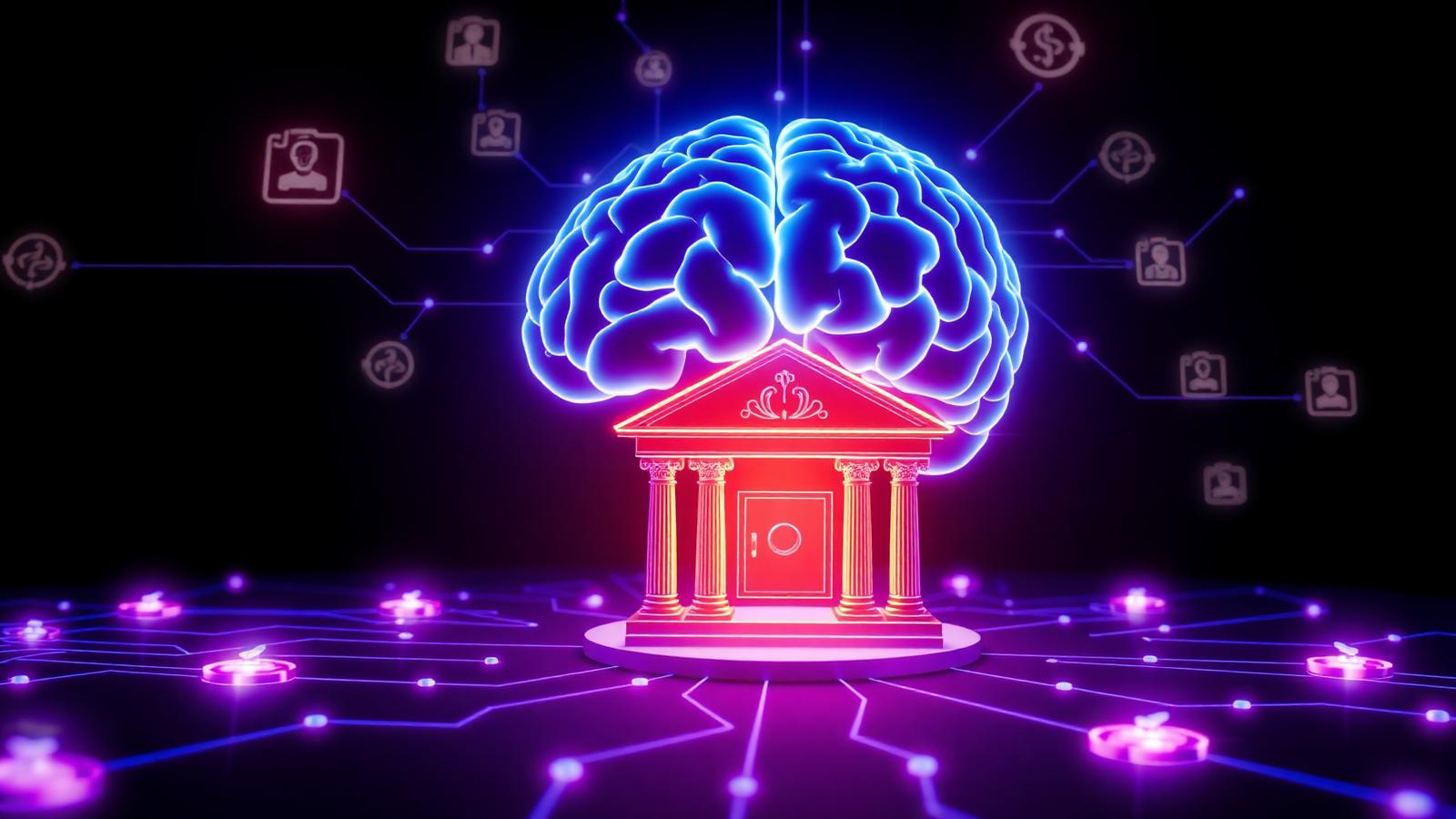 AI brain neural network connected to bank vault icons representing agentic AI fraud detection and compliance automation in 2026 banking