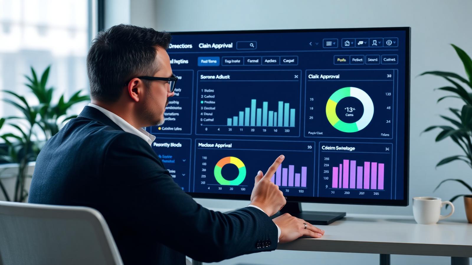 Insurance adjuster reviewing AI dashboard with claim approval automation interface