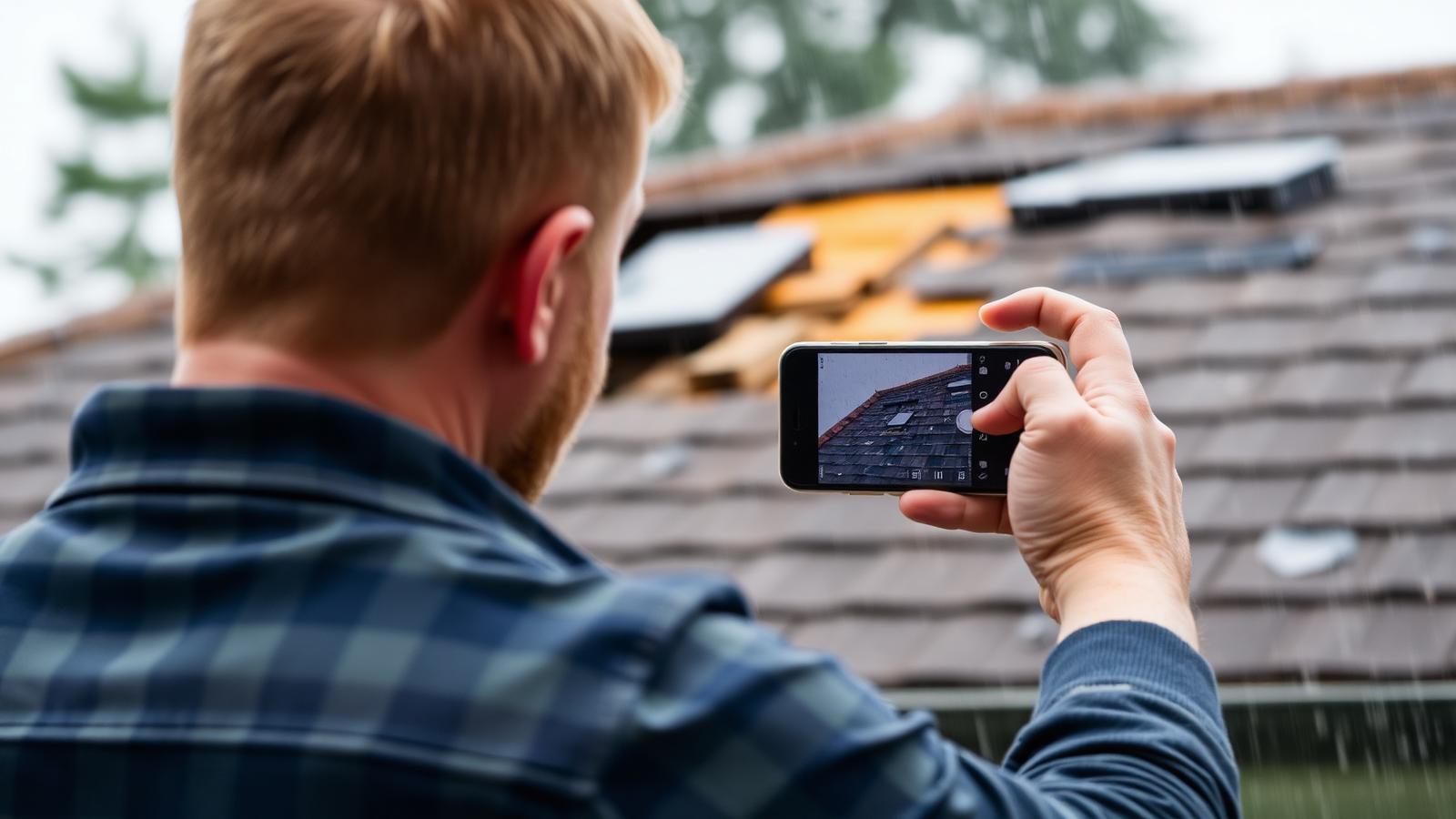Homeowner photographing roof storm damage on smartphone for an AI-assisted insurance claim
