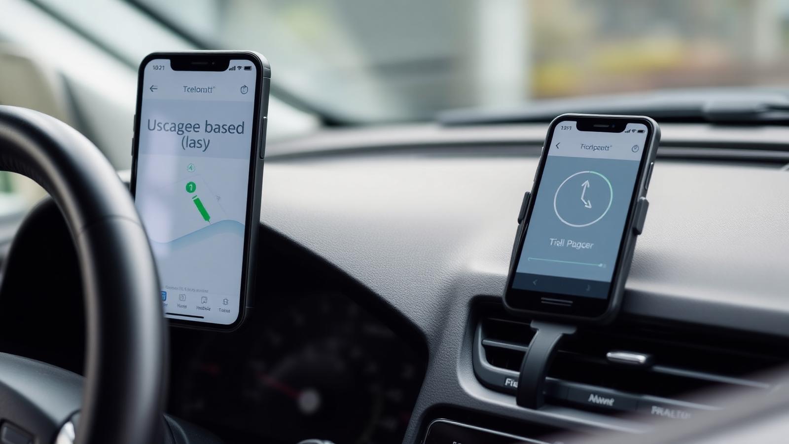 Telematics device installed in car dashboard with smartphone showing usage-based insurance app